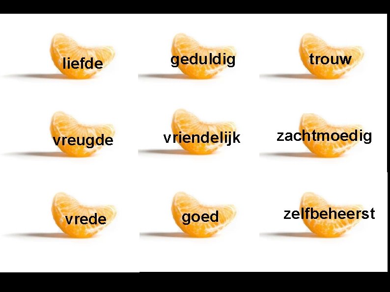 liefde geduldig vreugde vriendelijk vrede goed trouw zachtmoedig zelfbeheerst 