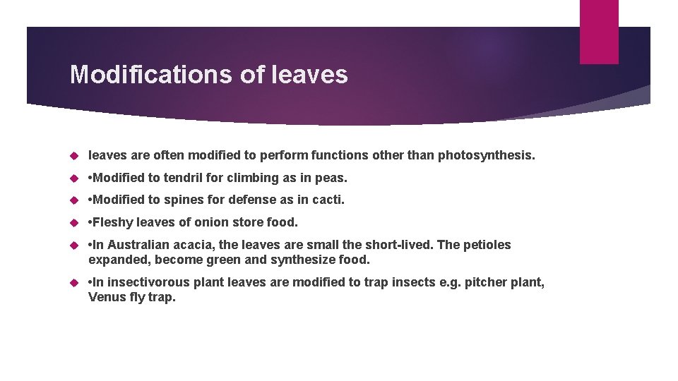 Modifications of leaves are often modified to perform functions other than photosynthesis. • Modified