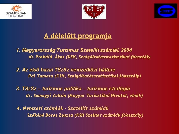 A délelőtt programja 1. Magyarország Turizmus Szatellit számlái, 2004 dr. Probáld Ákos (KSH, Szolgáltatásstatisztikai