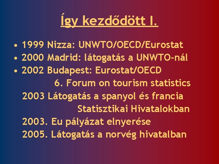 Így kezdődött I. • 1999 Nizza: UNWTO/OECD/Eurostat • 2000 Madrid: látogatás a UNWTO-nál •