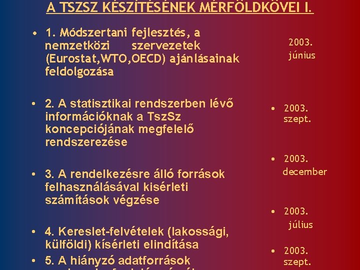 A TSZSZ KÉSZÍTÉSÉNEK MÉRFÖLDKÖVEI I. • 1. Módszertani fejlesztés, a nemzetközi szervezetek (Eurostat, WTO,