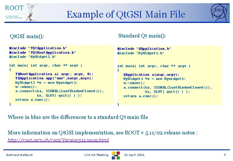 Example of Qt. GSI Main File Qt. GSI main(): Standard Qt main(): #include "TQt.