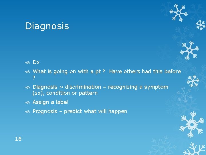 Diagnosis Dx What is going on with a pt ? Have others had this