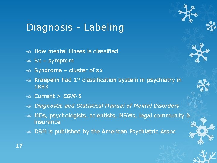 Diagnosis - Labeling How mental illness is classified Sx – symptom Syndrome – cluster