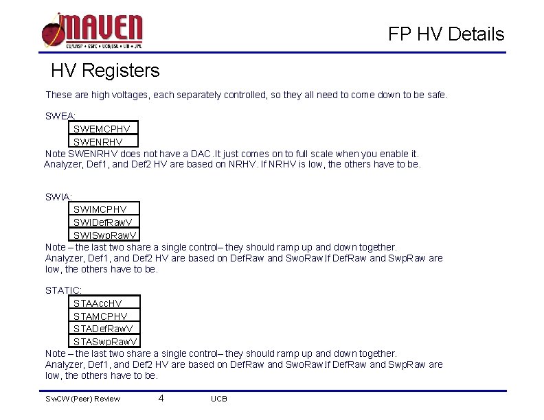 FP HV Details HV Registers These are high voltages, each separately controlled, so they