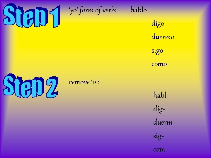‘yo’ form of verb: hablo digo duermo sigo como remove ‘o’: habldigduermsigcom- 