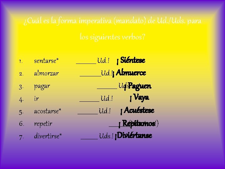 ¿Cuál es la forma imperativa (mandato) de Ud. /Uds. para los siguientes verbos? 1.