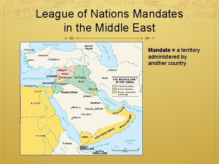 League of Nations Mandates in the Middle East Mandate = a territory administered by