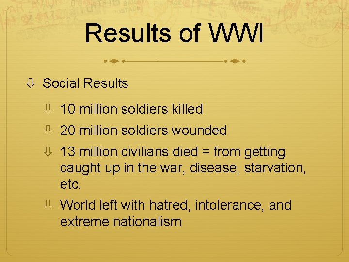 Results of WWI Social Results 10 million soldiers killed 20 million soldiers wounded 13