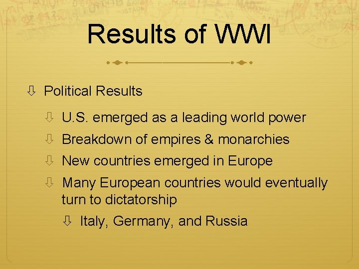 Results of WWI Political Results U. S. emerged as a leading world power Breakdown