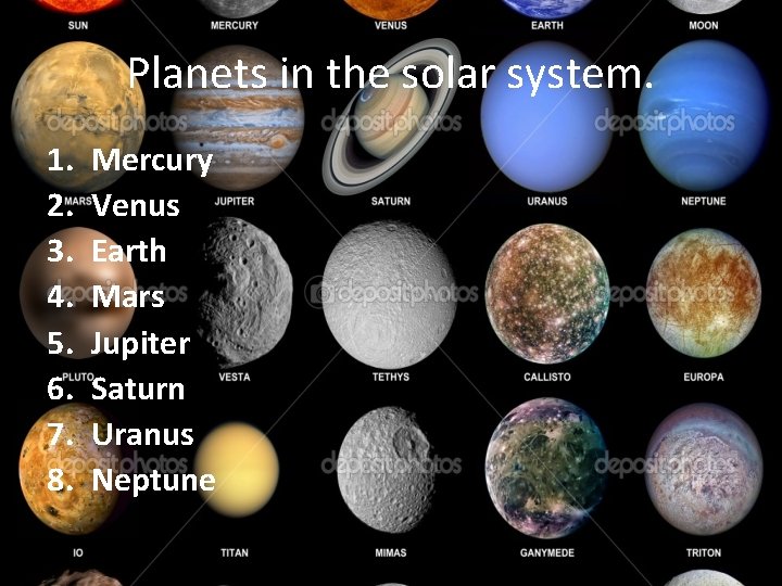Planets in the solar system. 1. 2. 3. 4. 5. 6. 7. 8. Mercury