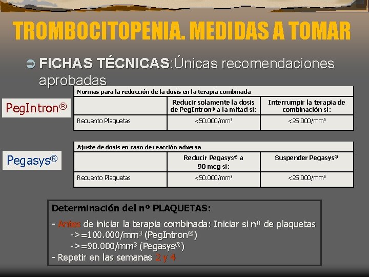 TROMBOCITOPENIA. MEDIDAS A TOMAR Ü FICHAS TÉCNICAS: Únicas recomendaciones aprobadas Normas para la reducción