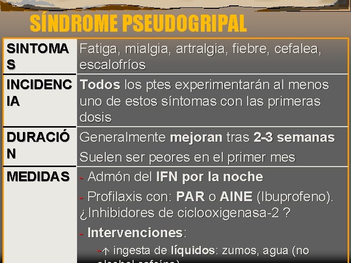 SÍNDROME PSEUDOGRIPAL SINTOMA S INCIDENC IA Fatiga, mialgia, artralgia, fiebre, cefalea, escalofríos Todos los