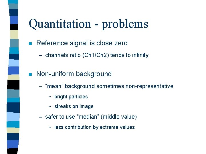 Quantitation - problems n Reference signal is close zero – channels ratio (Ch 1/Ch