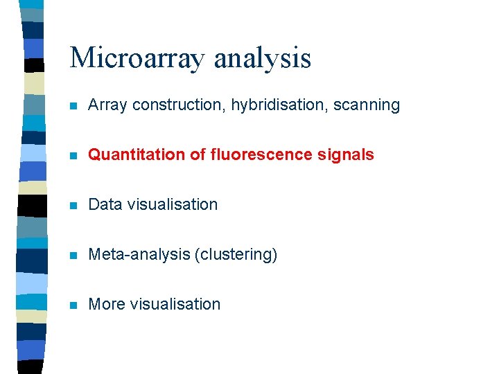 Microarray analysis n Array construction, hybridisation, scanning n Quantitation of fluorescence signals n Data