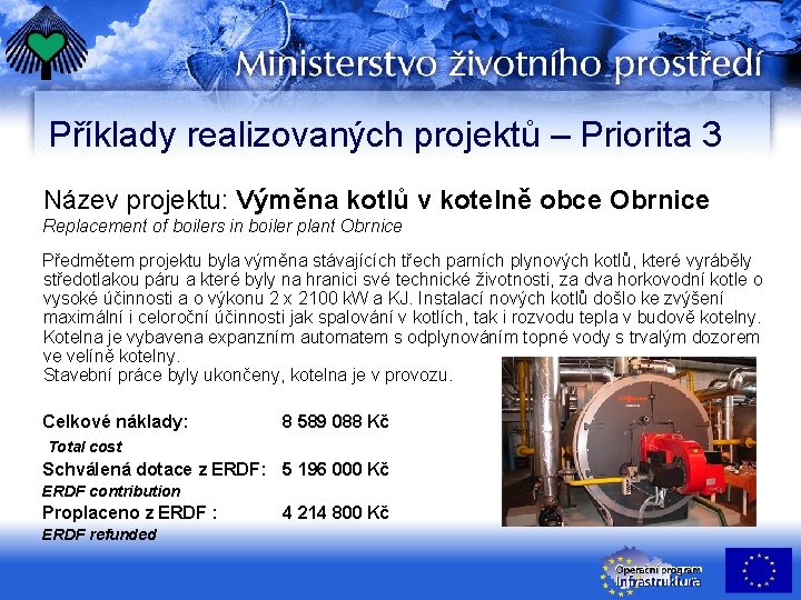 Příklady realizovaných projektů – Priorita 3 Název projektu: Výměna kotlů v kotelně obce Obrnice