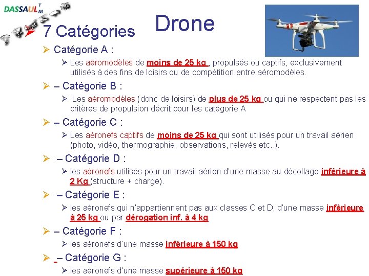 Ø 7 Catégories Drone Ø Catégorie A : Ø Les aéromodèles de moins de