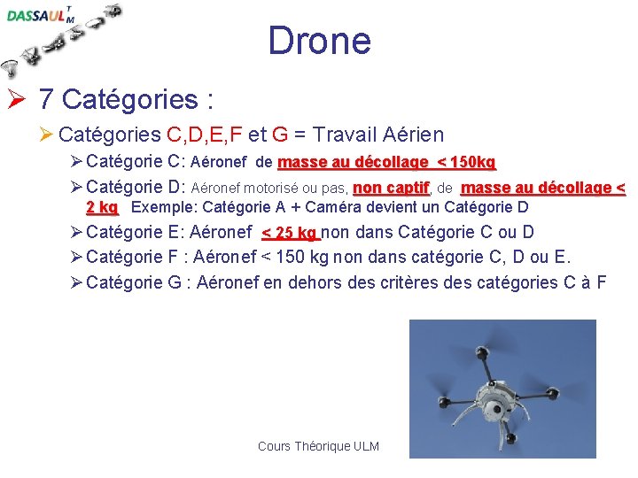 Drone Ø 7 Catégories : Ø Catégories C, D, E, F et G =