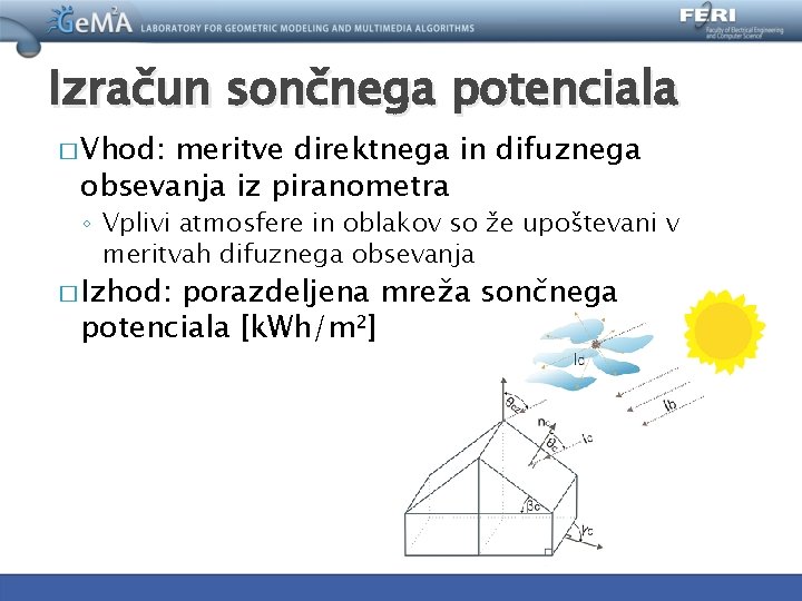 Izračun sončnega potenciala � Vhod: meritve direktnega in difuznega obsevanja iz piranometra ◦ Vplivi