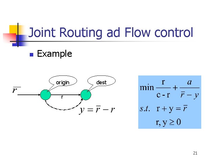 Joint Routing ad Flow control n Example origin dest r 21 