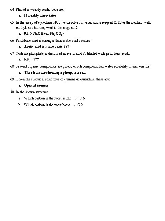 64. Phenol is weakly acidic because: a. It weakly dissociates 65. In the assay 64. Phenol is weakly acidic because: a. It weakly dissociates 65. In the assay