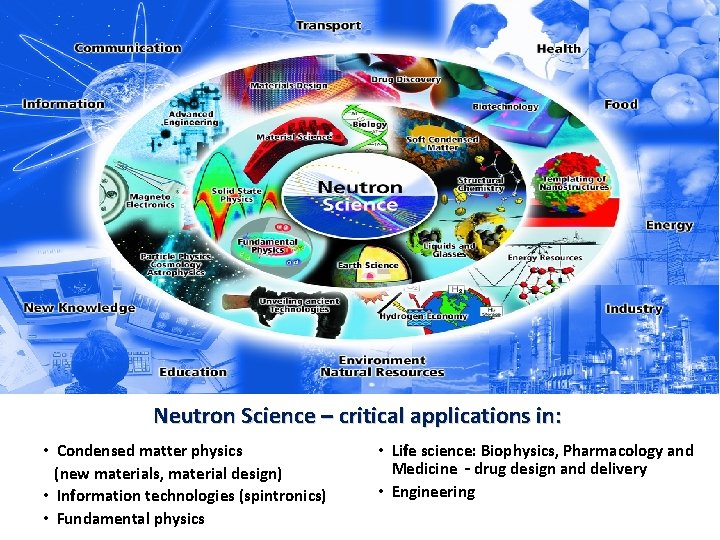 Neutron Science – critical applications in: • Condensed matter physics (new materials, material design)