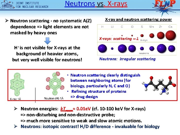 Neutrons vs. X-rays Ø Neutron scattering - no systematic A(Z) dependence => light elements