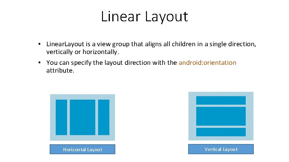 Linear Layout • Linear. Layout is a view group that aligns all children in
