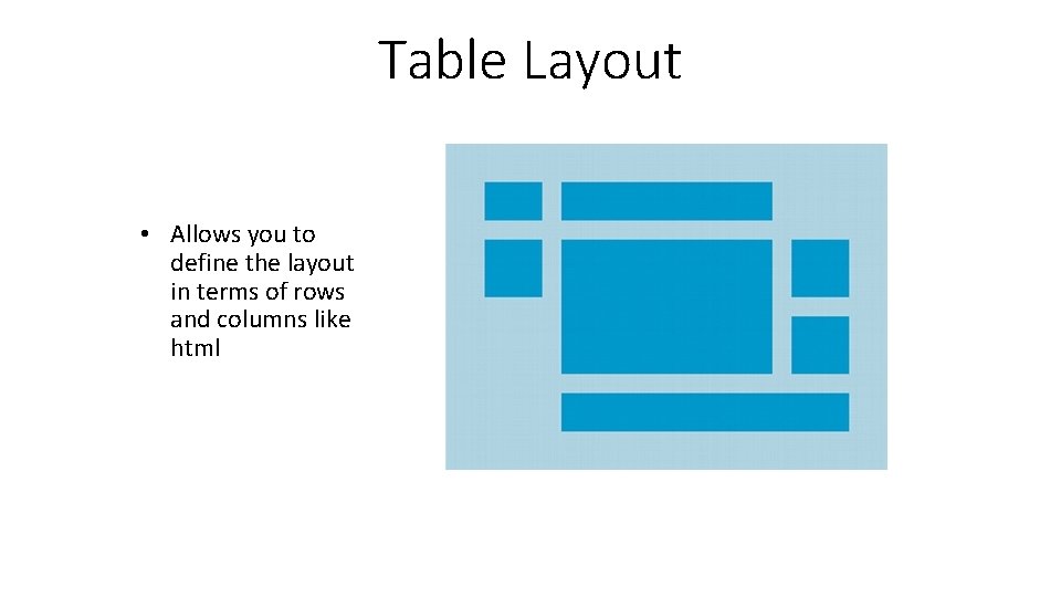 Table Layout • Allows you to define the layout in terms of rows and