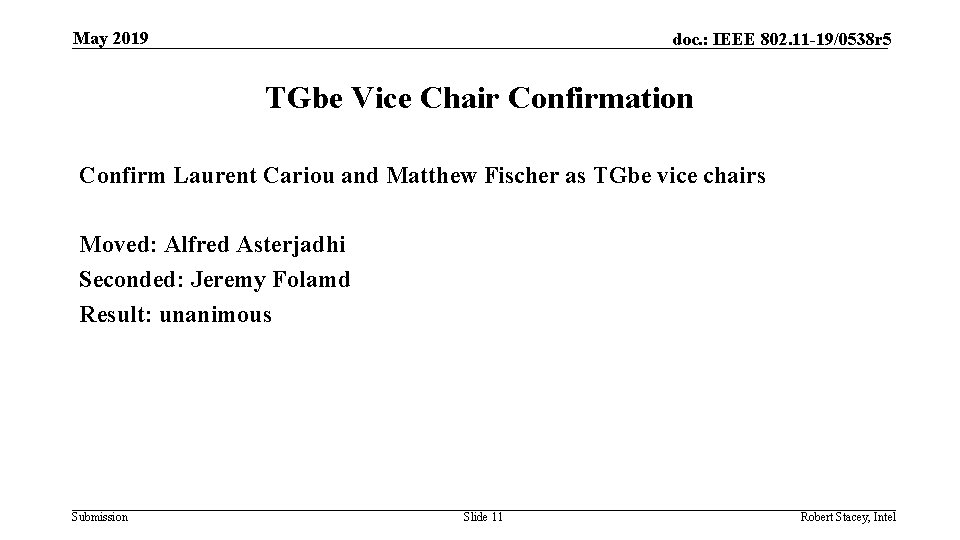 May 2019 doc. : IEEE 802. 11 -19/0538 r 5 TGbe Vice Chair Confirmation