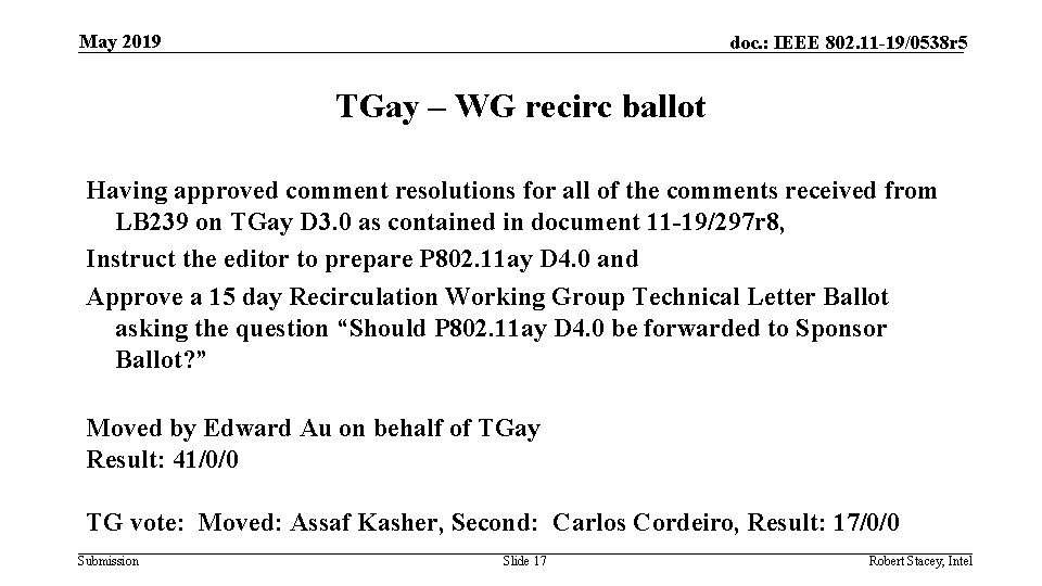 May 2019 doc. : IEEE 802. 11 -19/0538 r 5 TGay – WG recirc