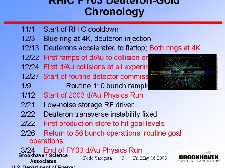 RHIC FY 03 Deuteron-Gold Chronology 11/1 Start of RHIC cooldown 12/3 Blue ring at
