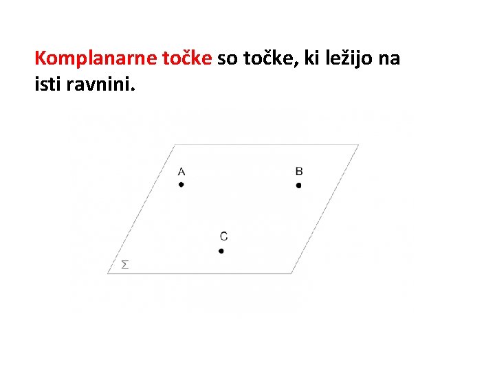 Komplanarne točke so točke, ki ležijo na isti ravnini. 