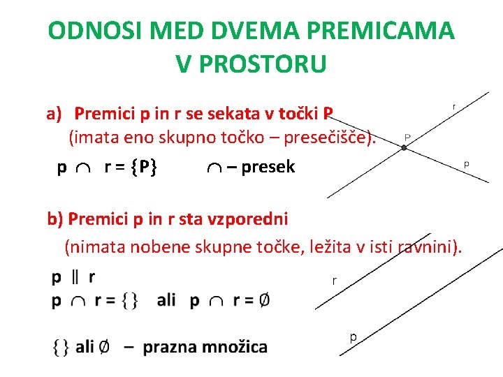 ODNOSI MED DVEMA PREMICAMA V PROSTORU a) Premici p in r se sekata v