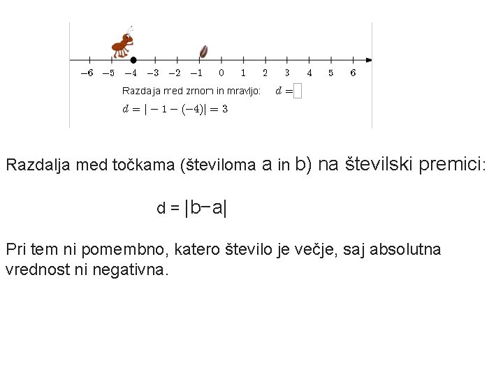 Razdalja med točkama (številoma a in b) na številski premici: d = |b−a| Pri