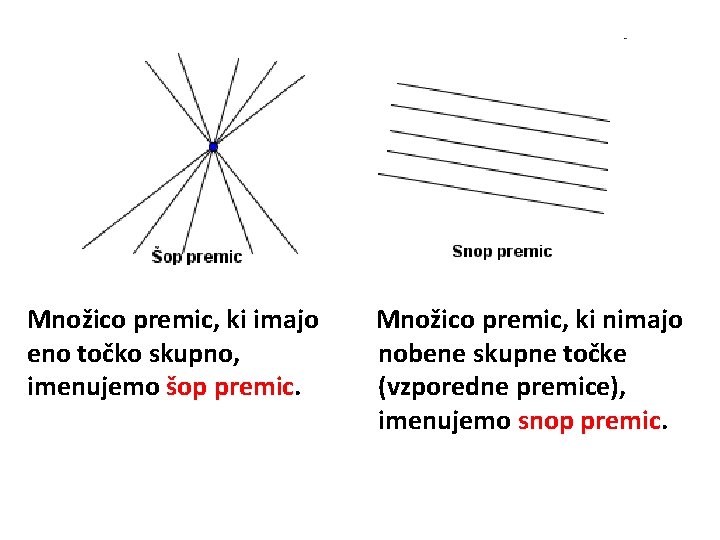 Množico premic, ki imajo eno točko skupno, imenujemo šop premic. Množico premic, ki nimajo