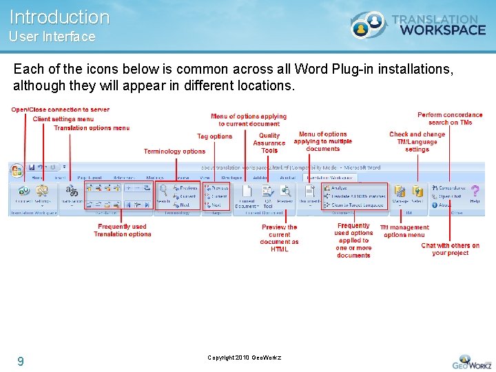 Introduction User Interface Each of the icons below is common across all Word Plug-in