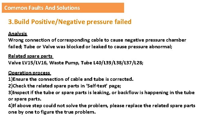 Common Faults And Solutions 3. Build Positive/Negative pressure failed Analysis Wrong connection of corresponding