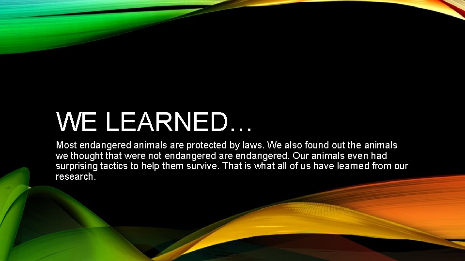WE LEARNED… Most endangered animals are protected by laws. We also found out the WE LEARNED… Most endangered animals are protected by laws. We also found out the