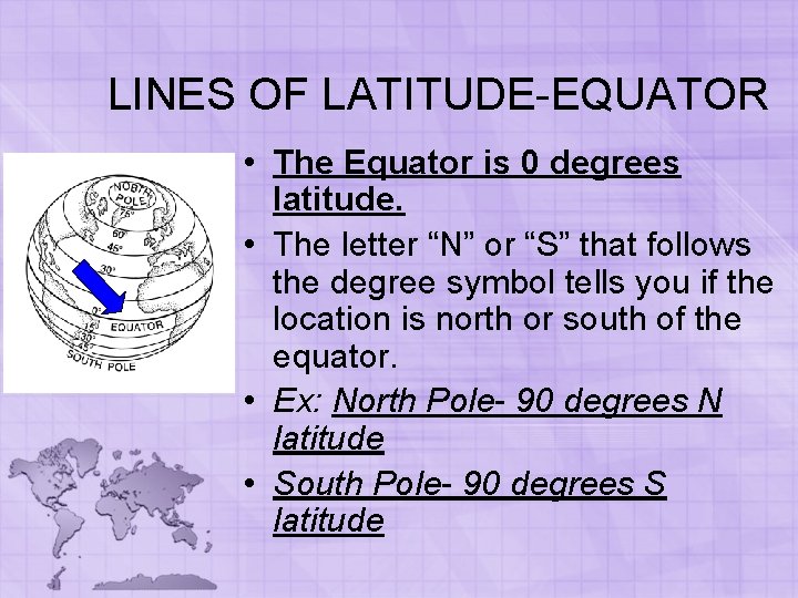 LINES OF LATITUDE-EQUATOR • The Equator is 0 degrees latitude. • The letter “N” LINES OF LATITUDE-EQUATOR • The Equator is 0 degrees latitude. • The letter “N”