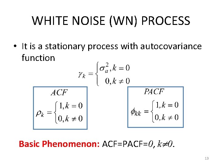 WHITE NOISE (WN) PROCESS • It is a stationary process with autocovariance function Basic