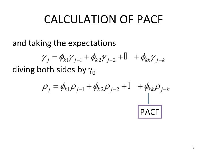 CALCULATION OF PACF and taking the expectations diving both sides by 0 PACF 7