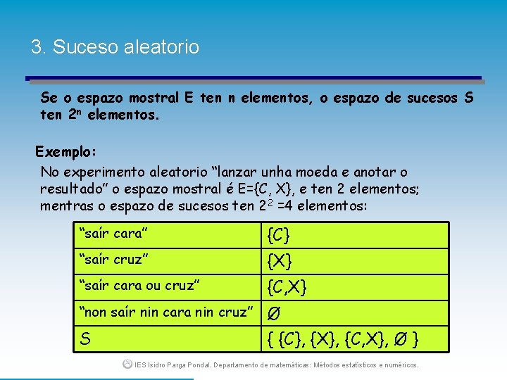 3. Suceso aleatorio Se o espazo mostral E ten n elementos, o espazo de