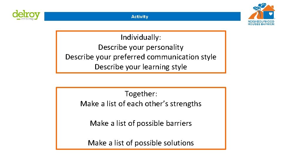 Activity Individually: Describe your personality Describe your preferred communication style Describe your learning style
