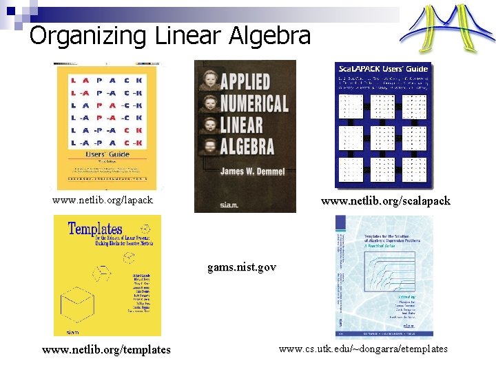 Organizing Linear Algebra www. netlib. org/lapack www. netlib. org/scalapack gams. nist. gov www. netlib.