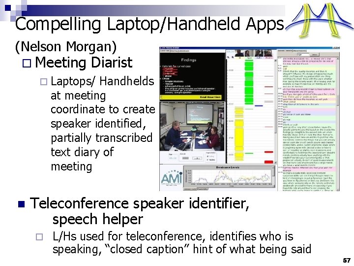 Compelling Laptop/Handheld Apps (Nelson Morgan) o Meeting Diarist ¨ Laptops/ Handhelds at meeting coordinate