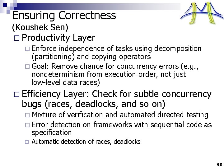 Ensuring Correctness (Koushek Sen) o Productivity Layer ¨ Enforce independence of tasks using decomposition