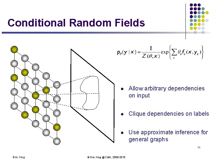 Conditional Random Fields l Allow arbitrary dependencies on input l Clique dependencies on labels Conditional Random Fields l Allow arbitrary dependencies on input l Clique dependencies on labels