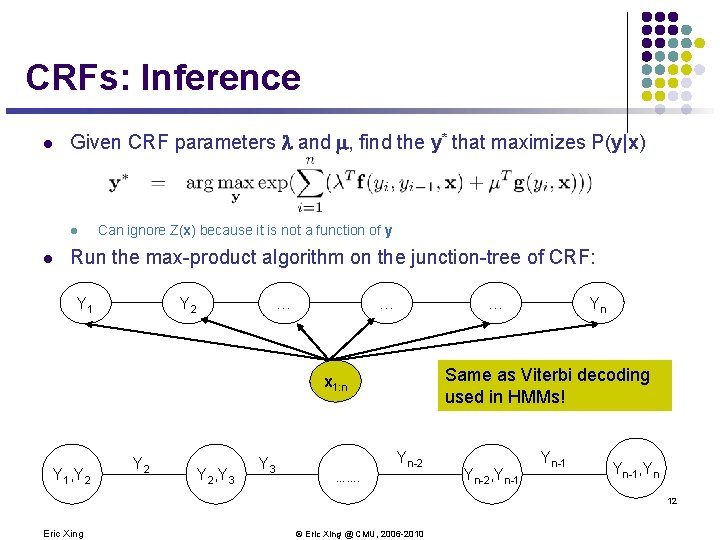 CRFs: Inference l Given CRF parameters and , find the y* that maximizes P(y|x) CRFs: Inference l Given CRF parameters and , find the y* that maximizes P(y|x)