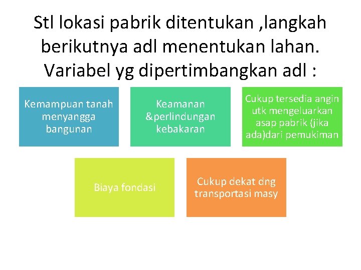 Stl lokasi pabrik ditentukan , langkah berikutnya adl menentukan lahan. Variabel yg dipertimbangkan adl